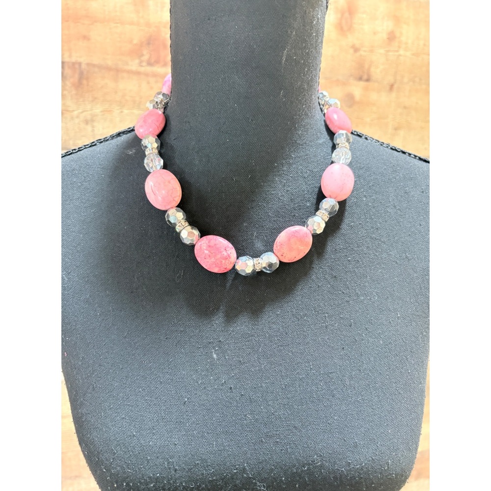 Pink Marbled Glass Beaded Statement Necklace Silver Crystal Accents Adjustable